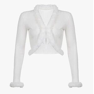 NUFIWI Faux Feather Top Fur Trim Shirt Cardigan Y2k Aesthetic LSV Crop Top